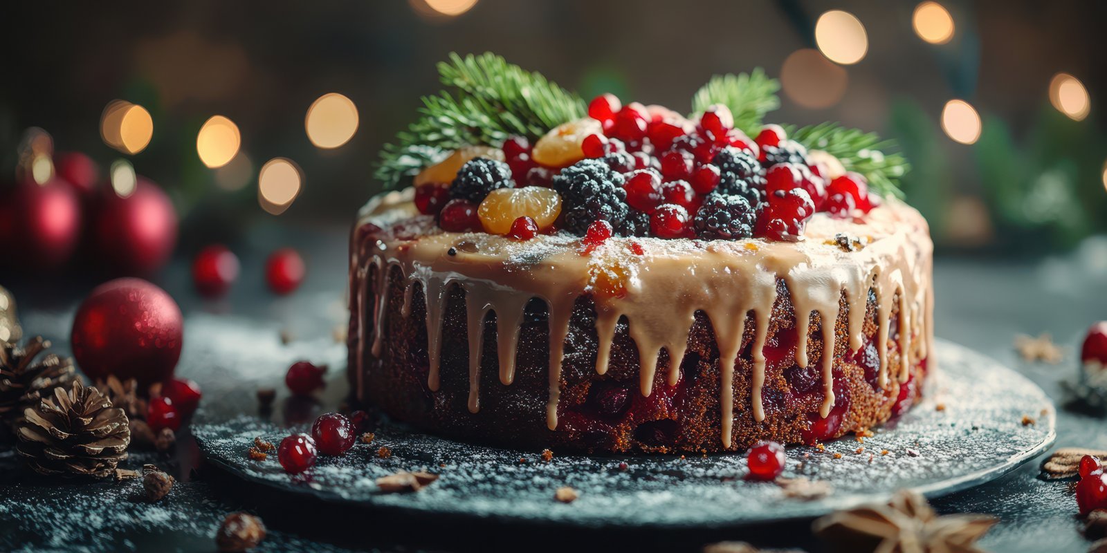 Festive dessert adorned with berries and icing creates a joyful holiday atmosphere in a cozy setting